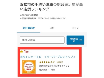 おかげさまでお客様満足度浜松市内手洗い洗車１位となりました。