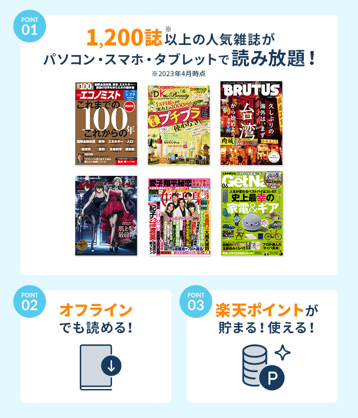 1.1,200誌以上の人気雑誌が  パソコン・スマホ・タブレットで読み放題！2.オフラインでも読める！3.楽天ポイントが 貯まる！使える！