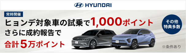 常時開催 ヒョンデ対象車の試乗で1,000ポイントさらに成約報告で合計5万ポイント