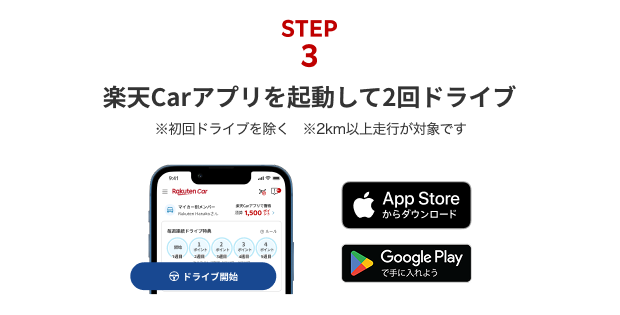 STEP3：楽天Carアプリを起動して2回ドライブ