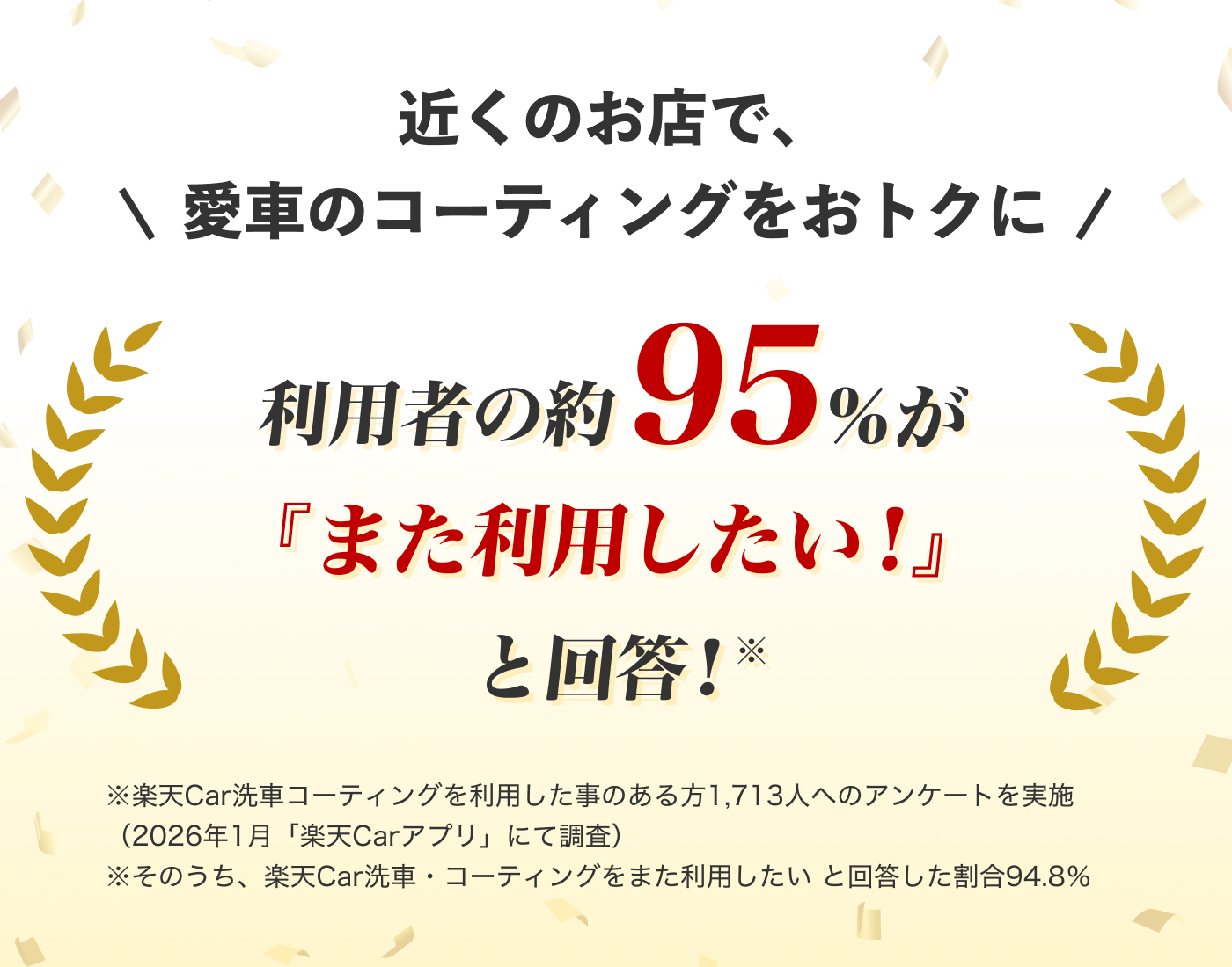近くのお店で、愛車のコーティングをおトクに。利用者の約95%が「また利用したい！」と回答