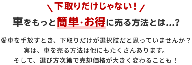 下取りだけじゃない!車をもっと簡単・お得に売る方法とは...?愛車を手放すとき、下取りだけが選択肢だと思っていませんか？                                     実は、車を売る方法は他にもたくさんあります。そして、選び方次第で売却価格が大きく変わることも！